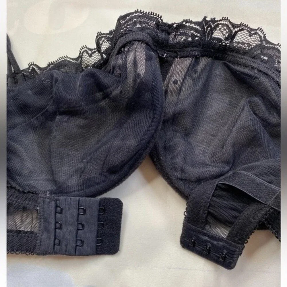 H&M Balcony Bra U/Wired Non-Padded W/ Rhinestone Sexy Mesh & Lace 34D Black VTG